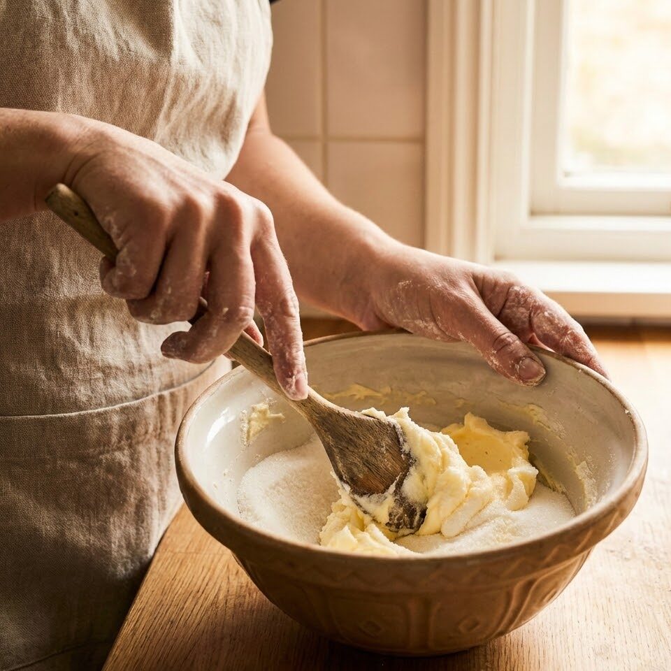 Creaming butter sugar blackcurrant cake batter