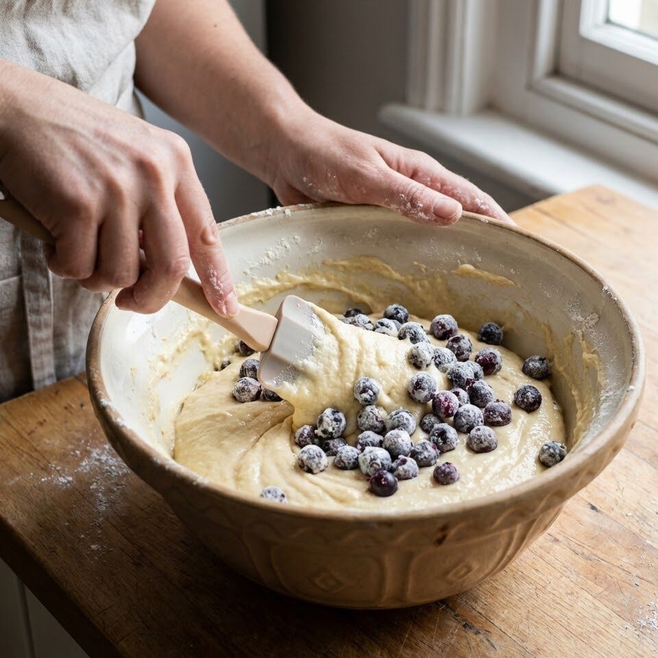 Folding blackcurrants into cake batter