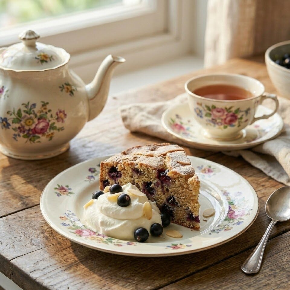 Blackcurrant cake slice served with cream