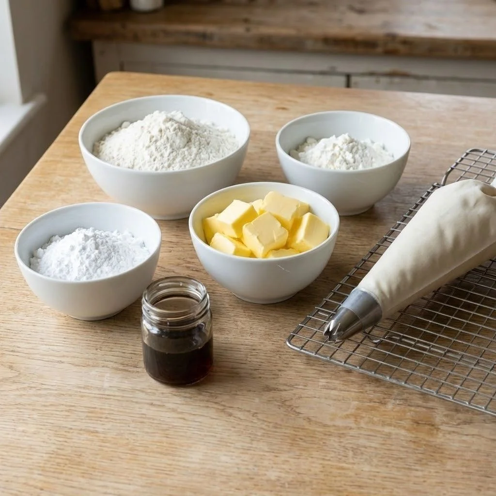 Ingredients for Viennese biscuits including flour butter and icing sugar in bowls.