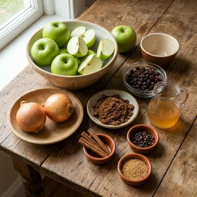 Fresh ingredients for homemade apple chutney in ceramic bowls on a wooden table.