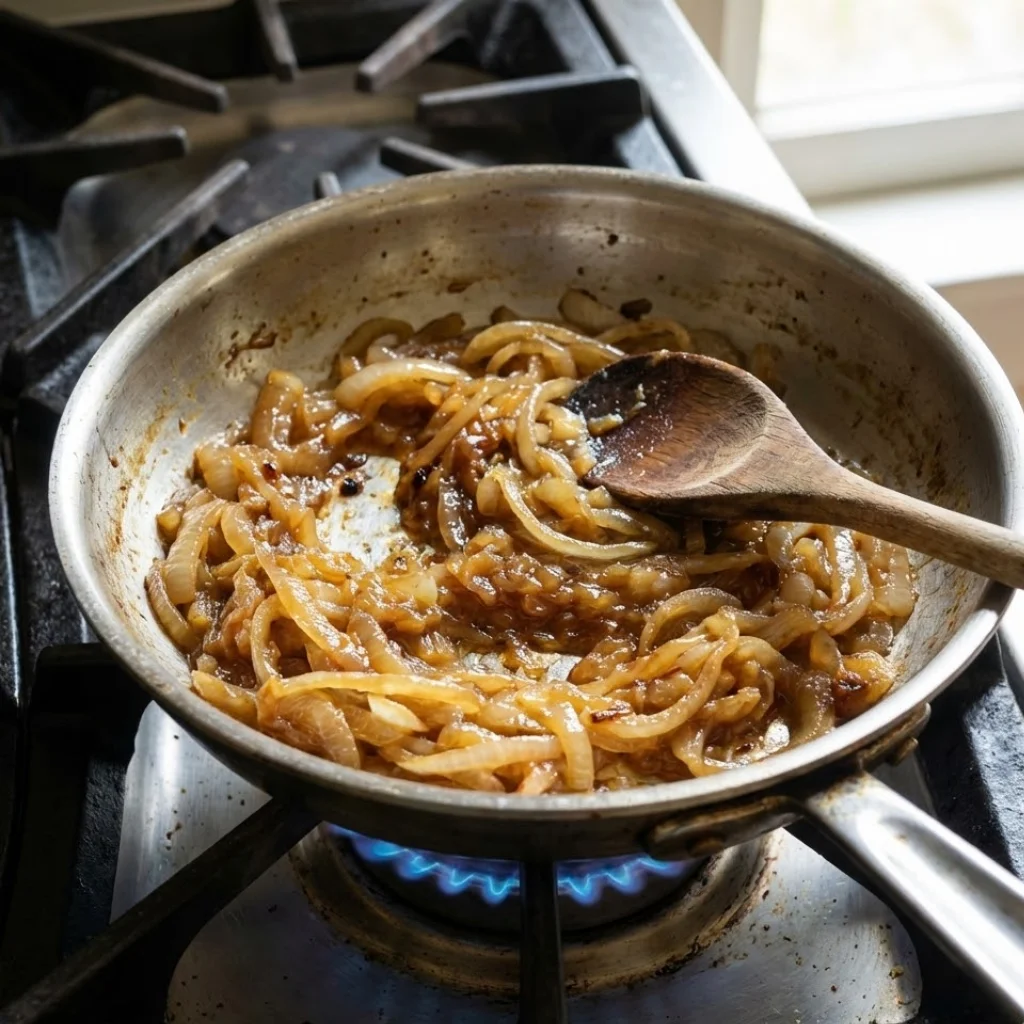 Sliced onions being caramelized in a pan on a stove