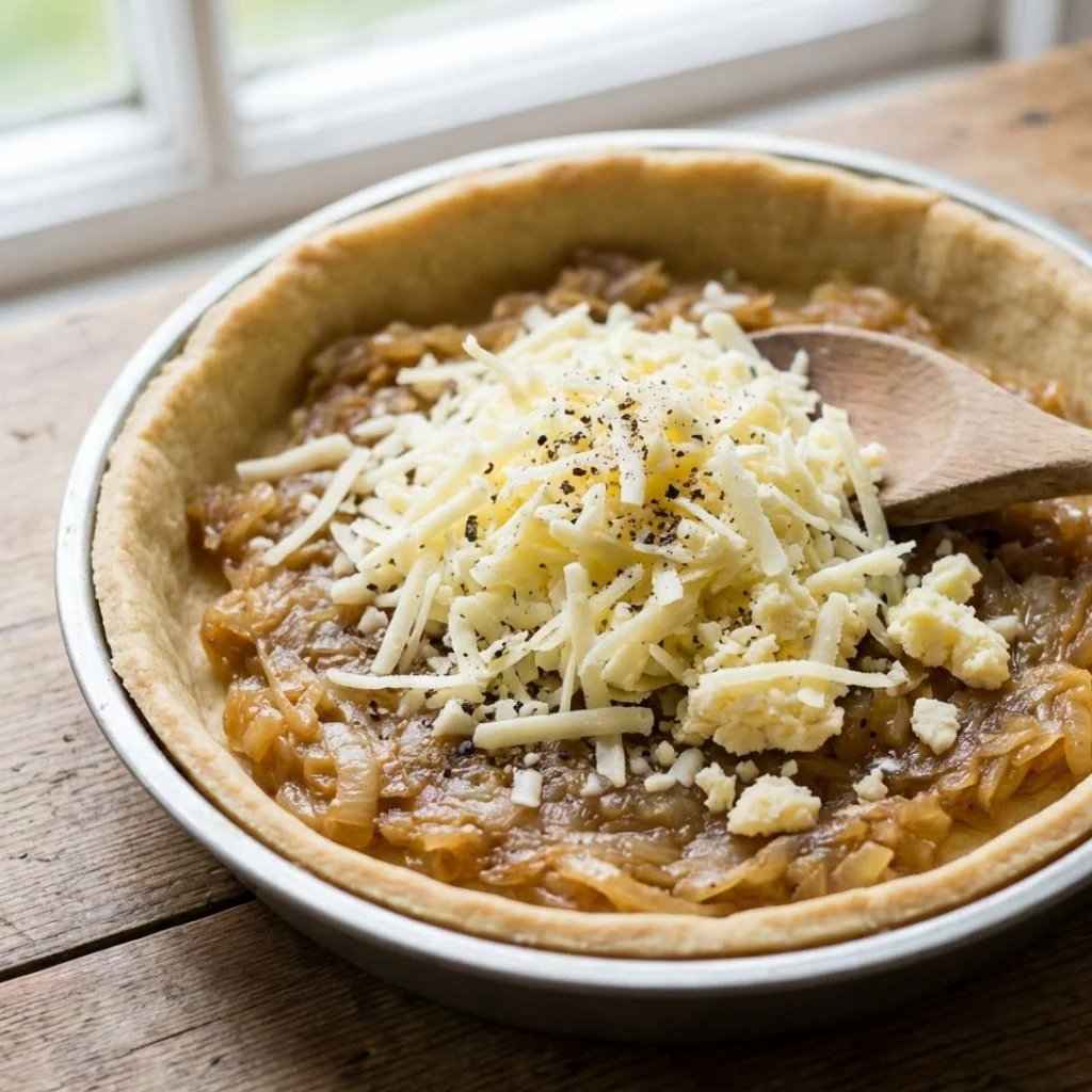 Caramelized onions and grated cheddar cheese layered inside a pie crust