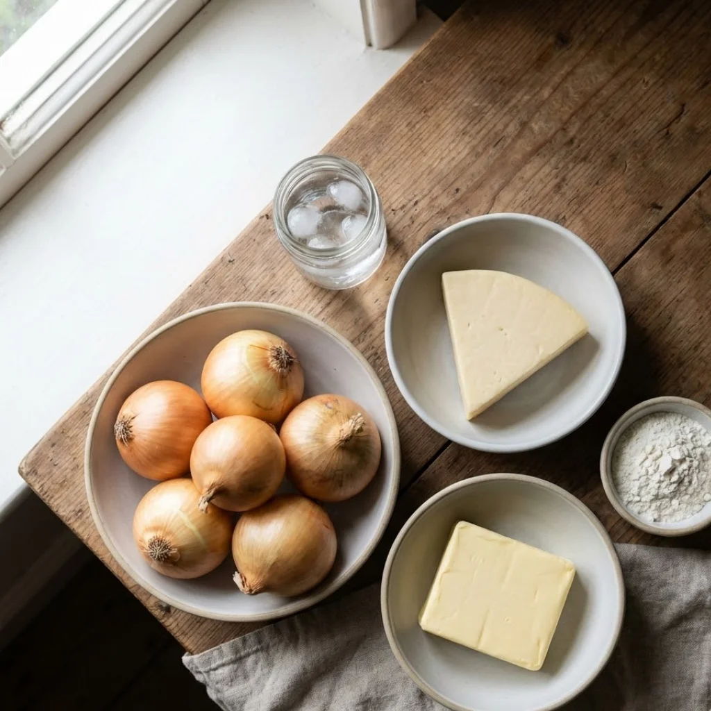 Ingredients for cheese and onion pie including whole onions, cheddar cheese, butter, and flour