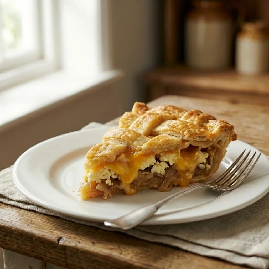 A cross-section slice of cheese and onion pie showing the melted cheese and onion filling