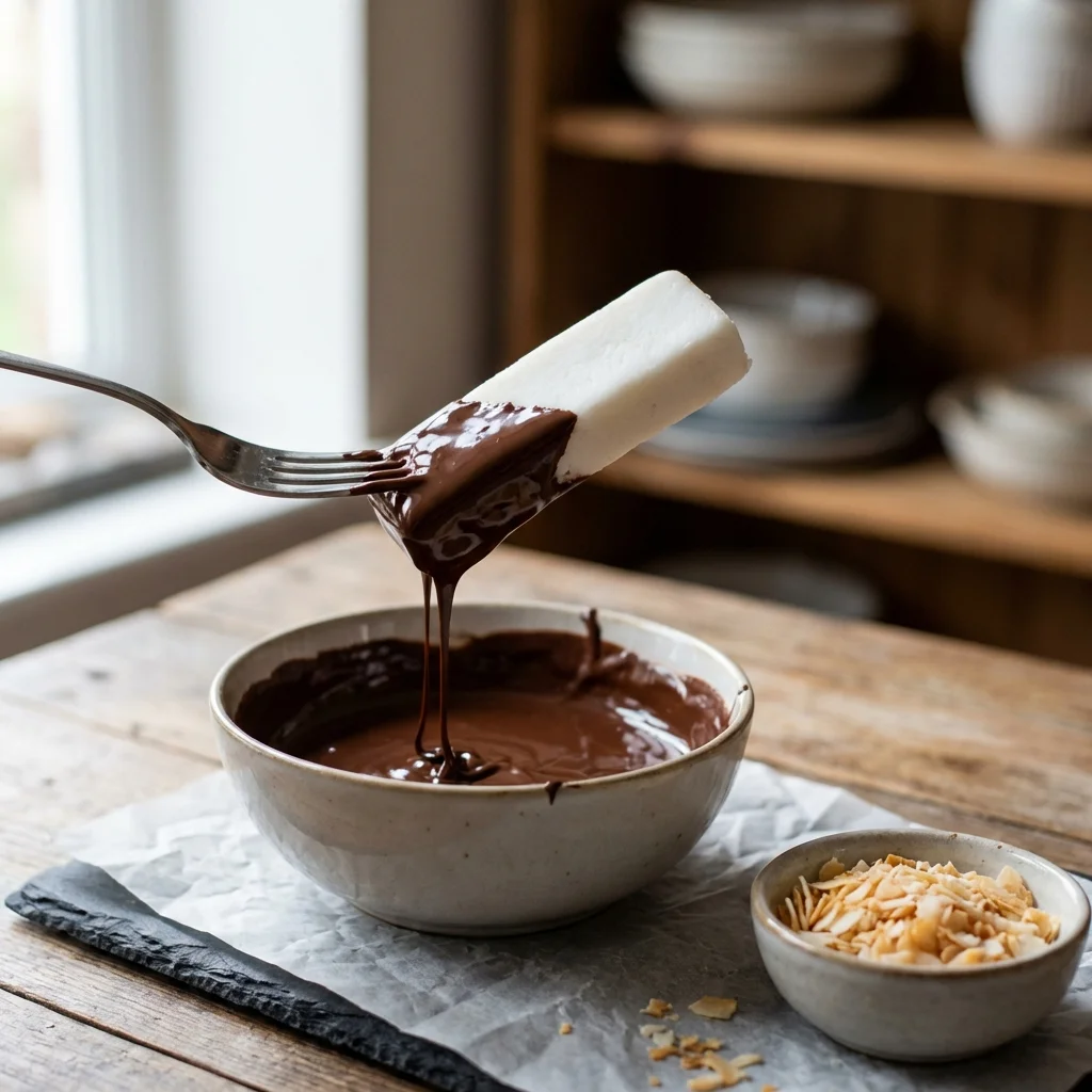 Dipping a Scottish macaroon bar into melted dark chocolate