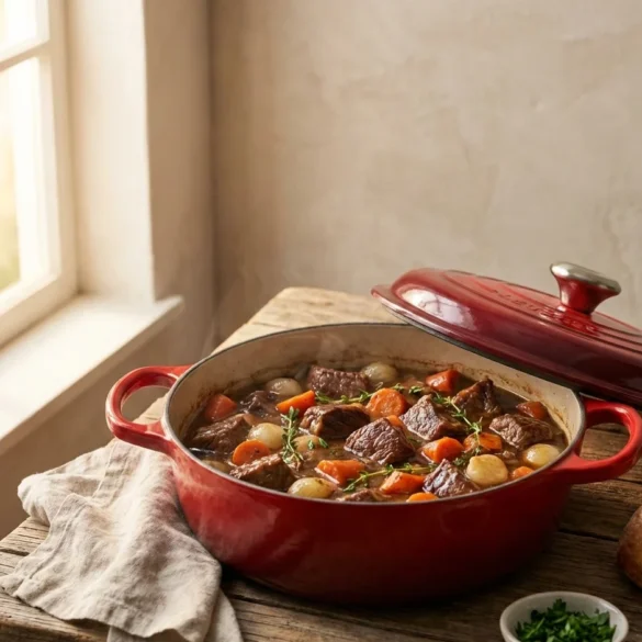 Hearty beef casserole in a red enameled cast iron dutch oven