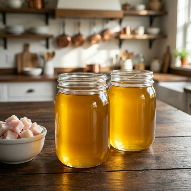 Glass jars filled with golden homemade beef tallow on a rustic wooden table