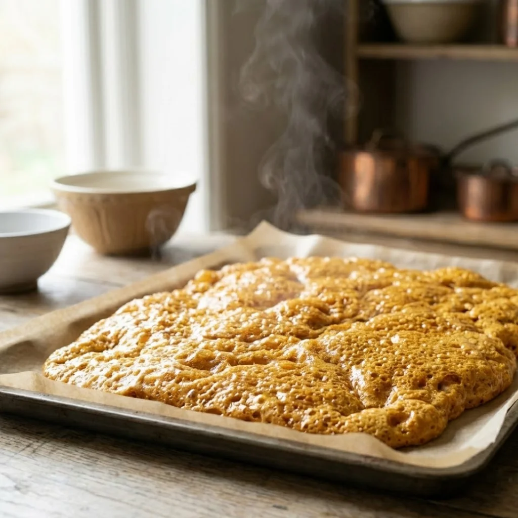 Golden honeycomb candy cooling on a parchment-lined baking tray