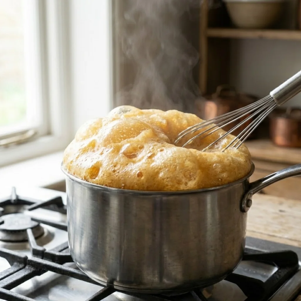 Foaming honeycomb mixture expanding in a saucepan after adding baking soda