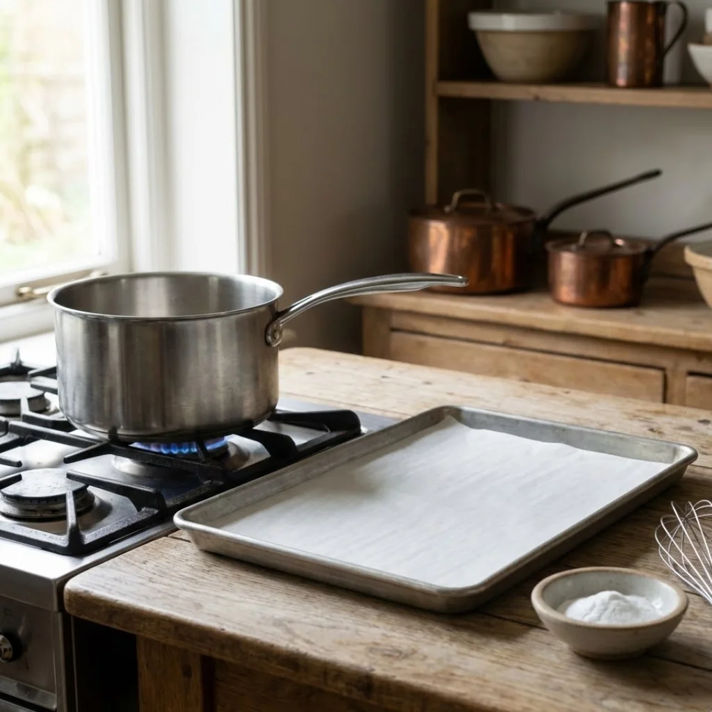 A baking tray lined with parchment paper next to a deep saucepan on a stove