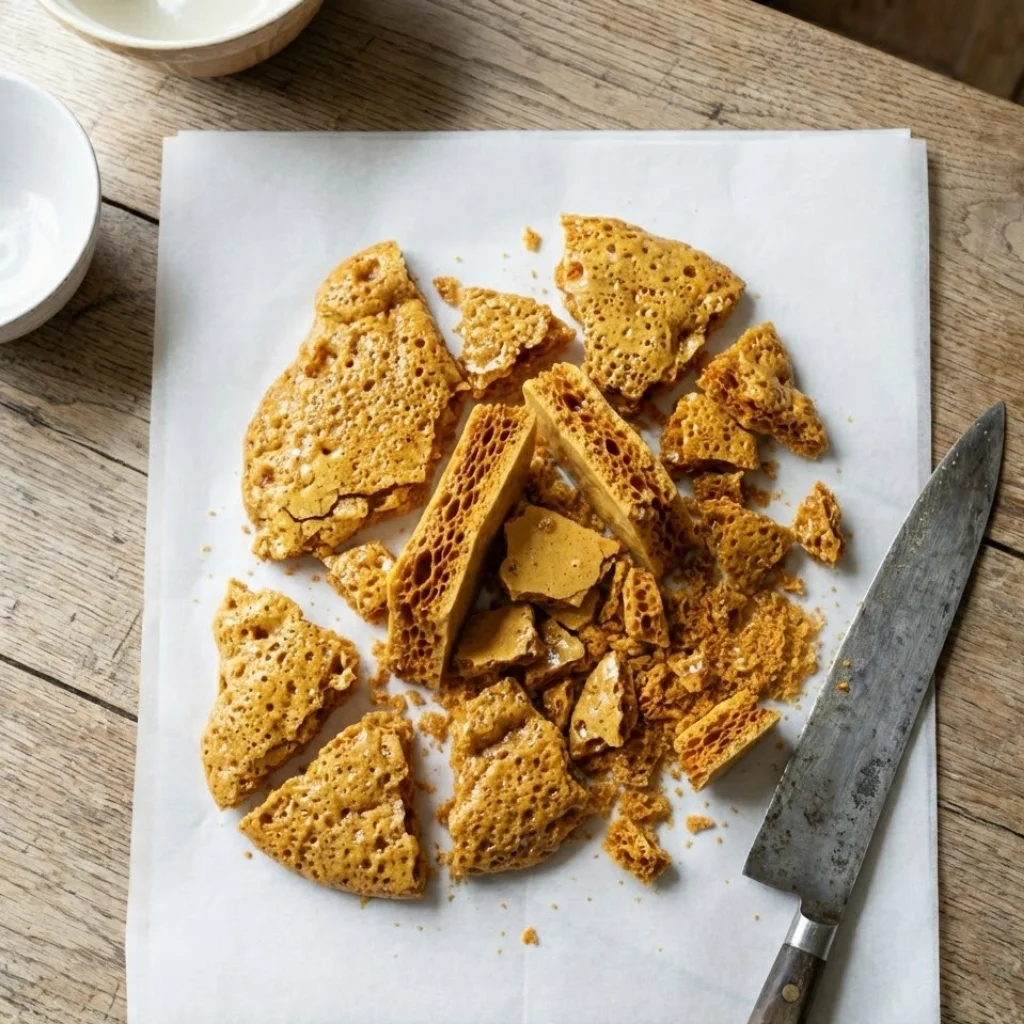 Cracked honeycomb pieces showing the airy internal structure on parchment paper