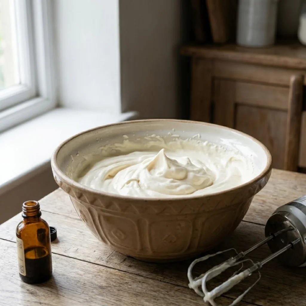 Whipped cream and condensed milk mixture at soft peak stage in a large bowl