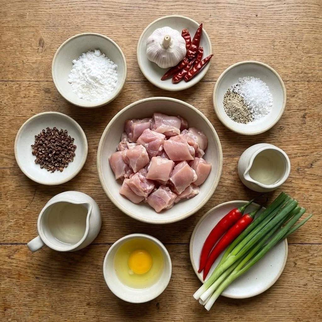 Ingredients for Salt and Pepper Chicken layed out on wooden table including chicken thighs cornstarch and spices