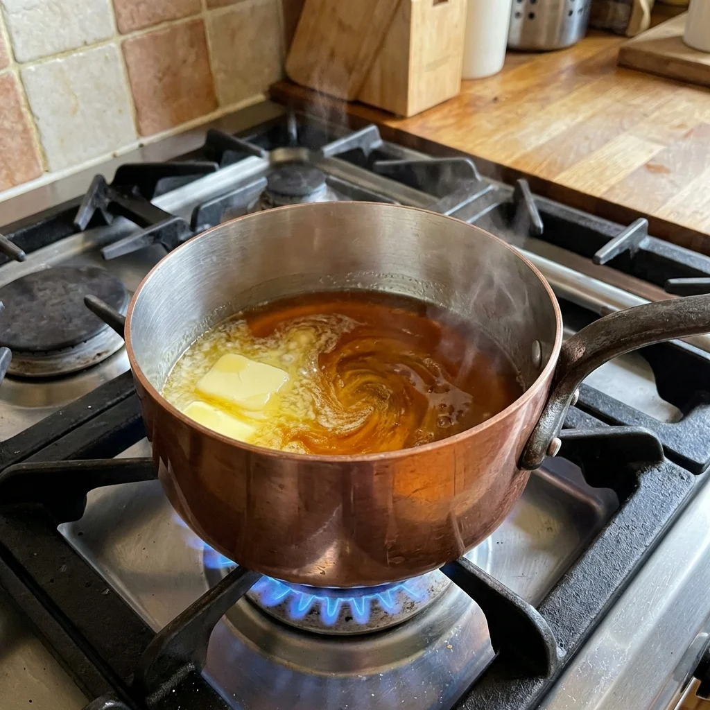 Melting butter and golden syrup in a saucepan on the stove.