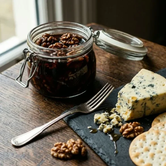 A jar of traditional pickled walnuts served with Stilton cheese on a dark wooden table.