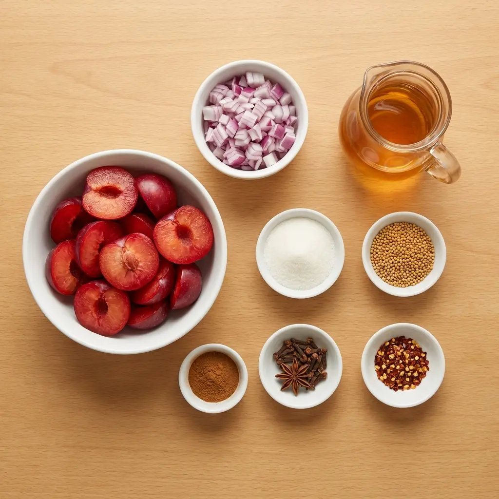 Ingredients for plum chutney arranged in bowls.