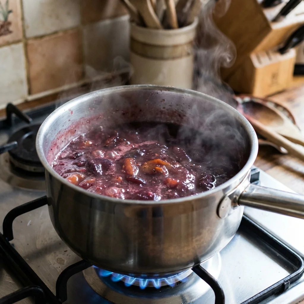 Plum chutney simmering in a pot on the stove.