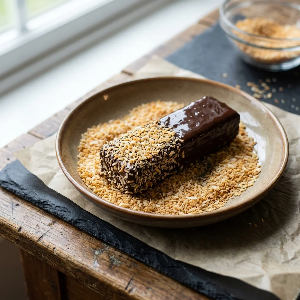 Rolling a chocolate-coated macaroon bar in toasted coconut