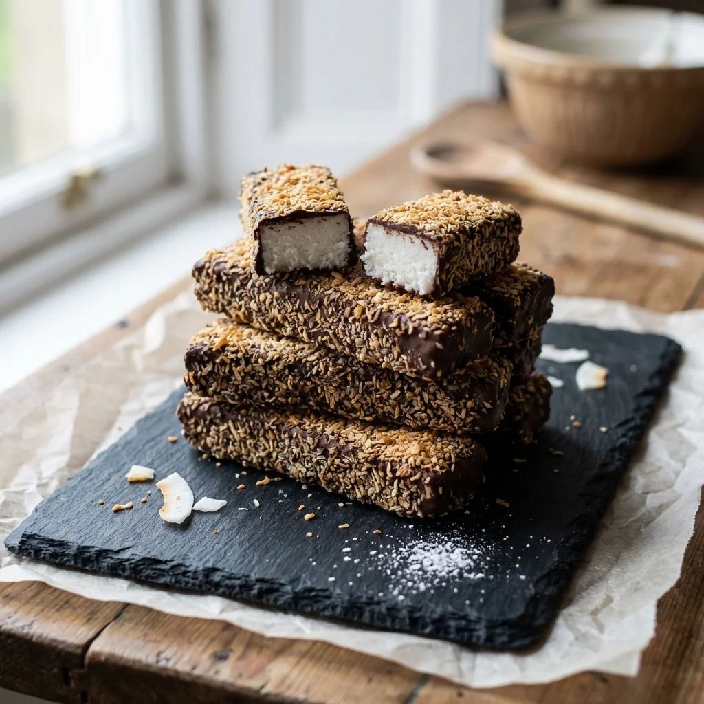 Stack of homemade Scottish macaroon bars showing the white center
