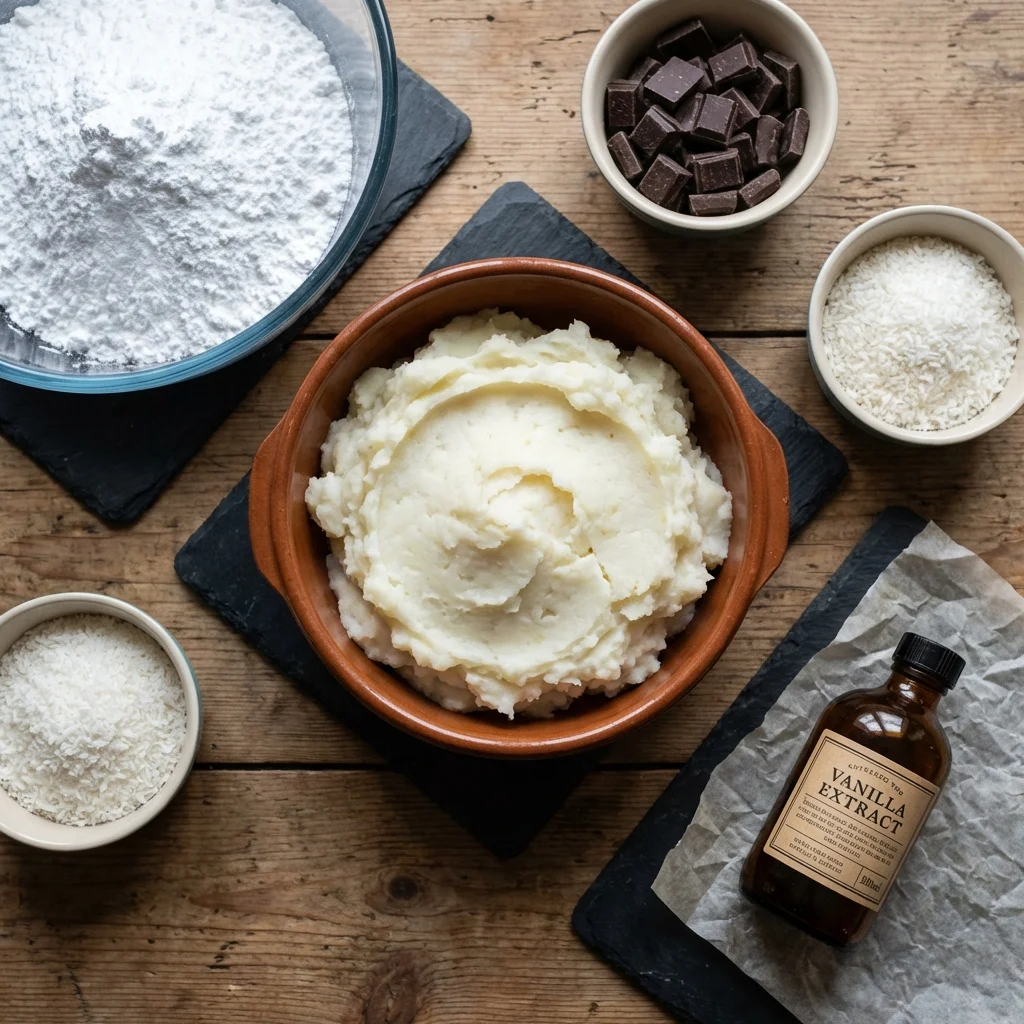 Ingredients for Scottish macaroon bars including mashed potato and icing sugar in bowls