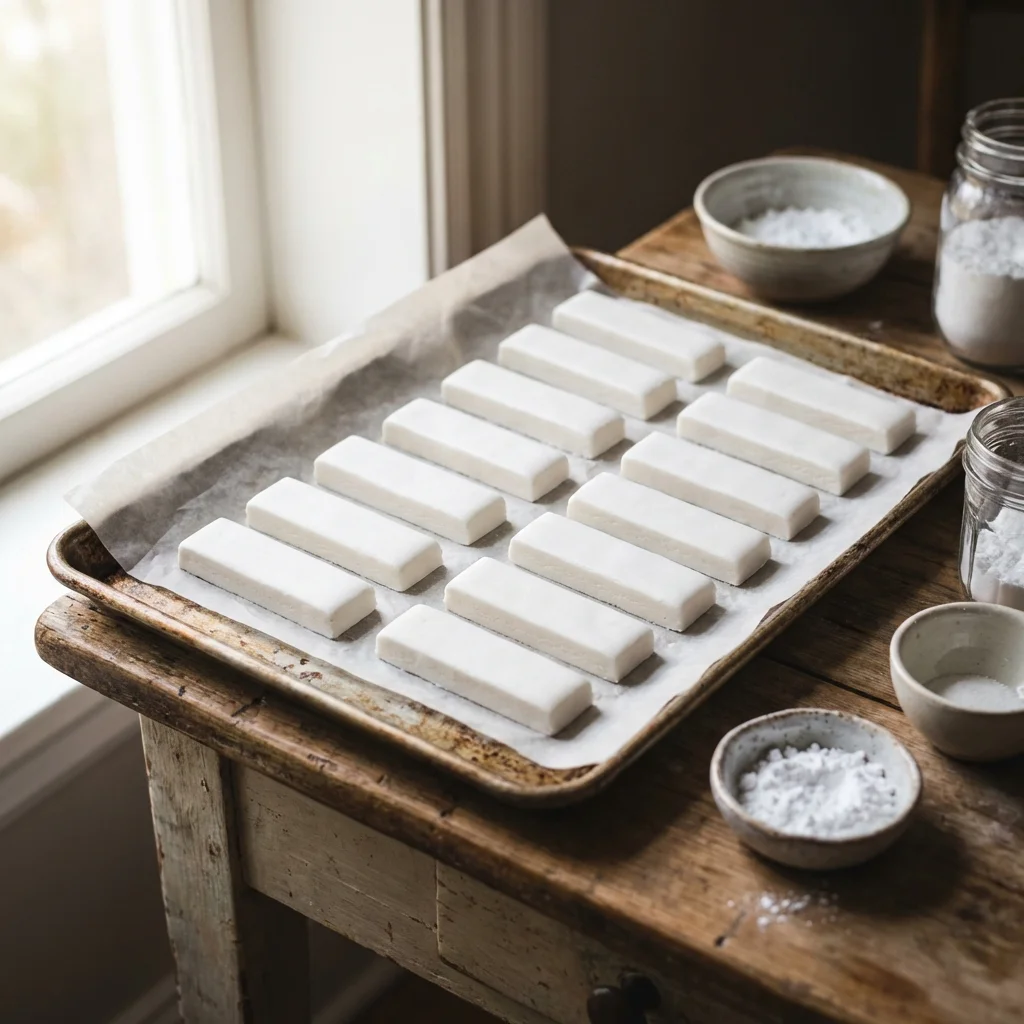 Shaped white fondant bars drying on parchment paper