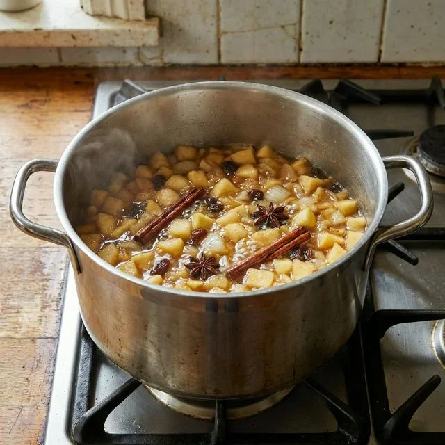 A large pot of apple chutney simmering on a kitchen stove burner.
