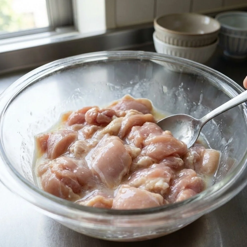 Chicken pieces marinating in bowl with egg white cornstarch and Shaoxing wine