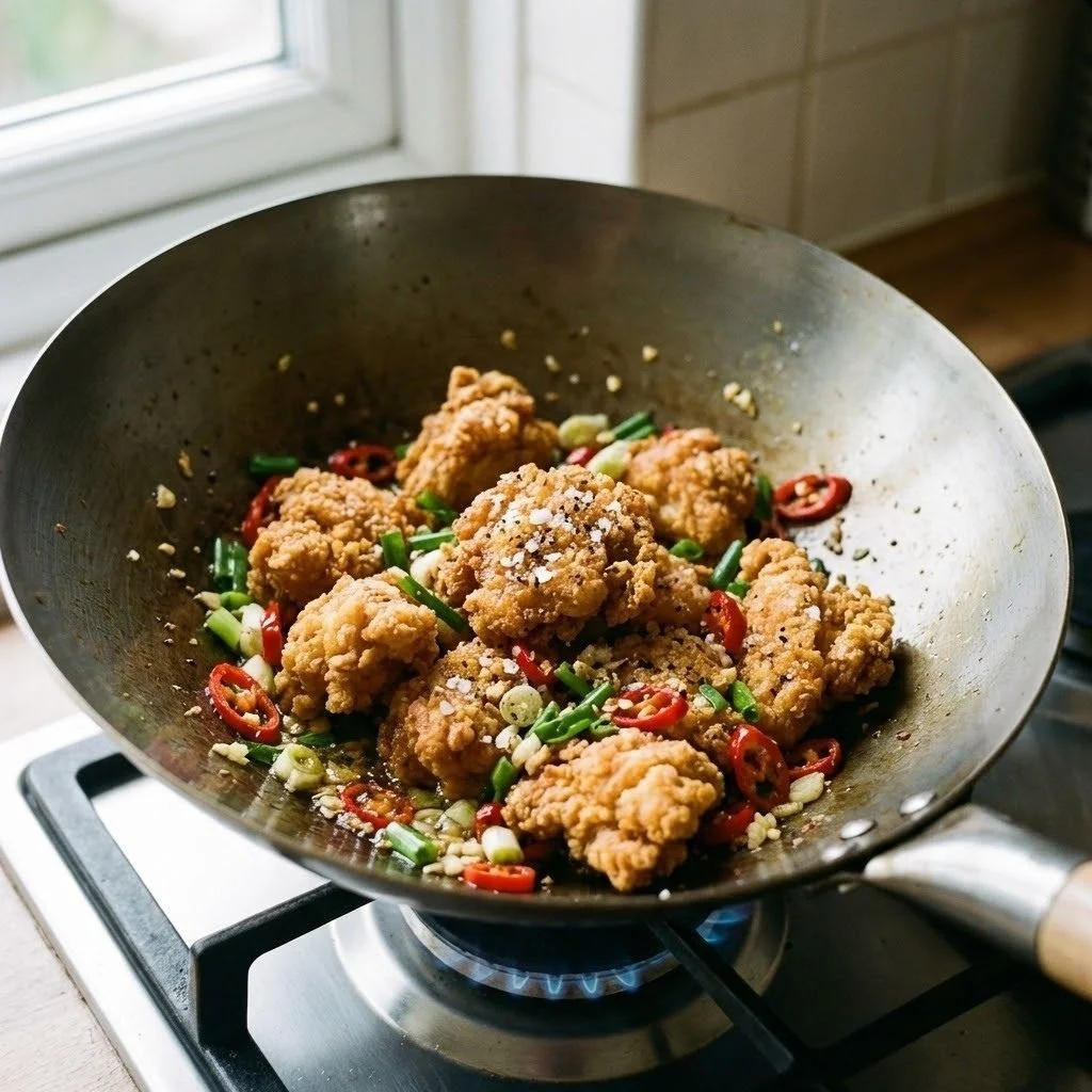 Chopped garlic red chillies and spring onions stir frying in a wok