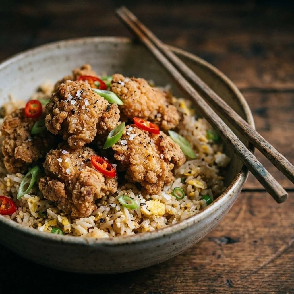 Crispy chicken being tossed in wok with fried aromatics and salt and pepper spice blend