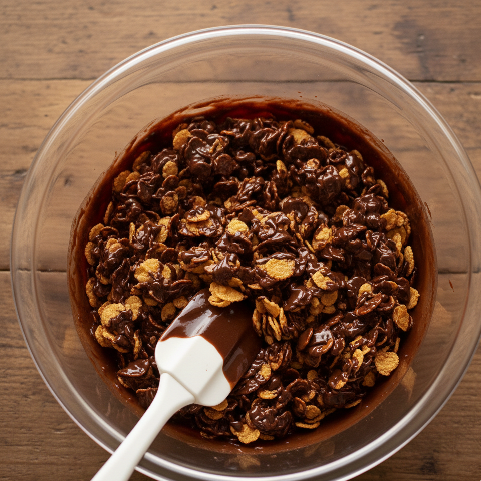 Coating the cornflakes in chocolate