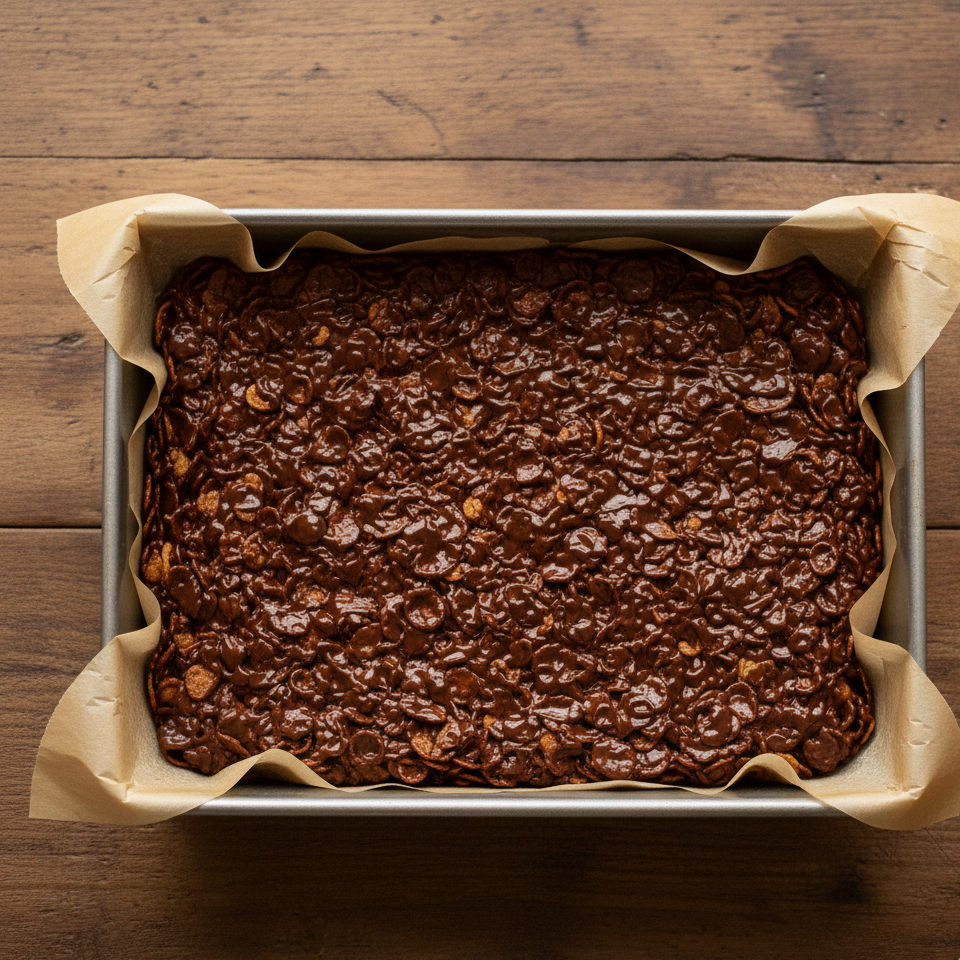 Pressing the chocolate cornflake mixture into the baking tin