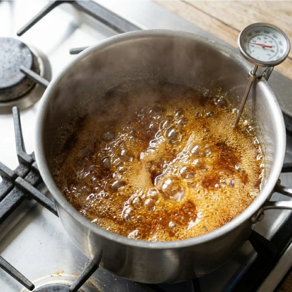 Sugar and golden syrup melting together in a deep saucepan on a stove burner
