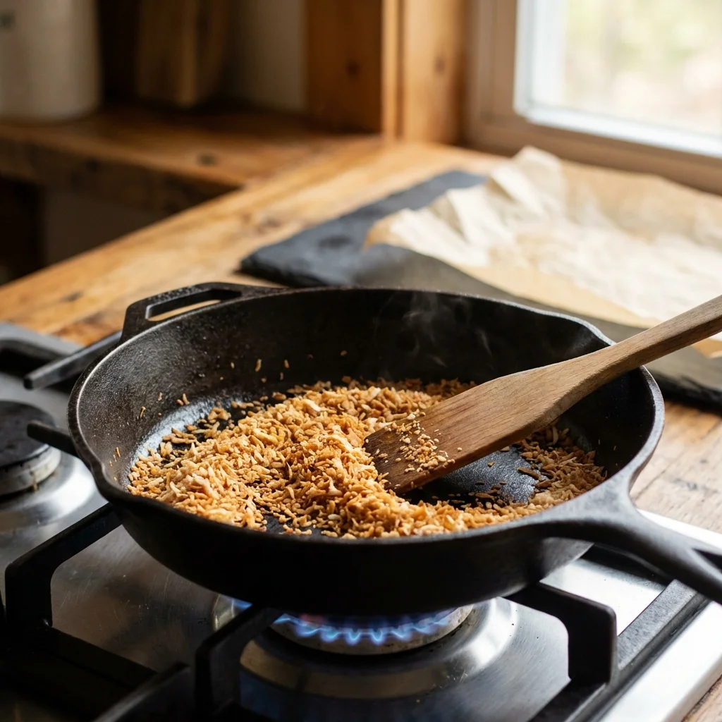 Toasting desiccated coconut in a pan until golden brown