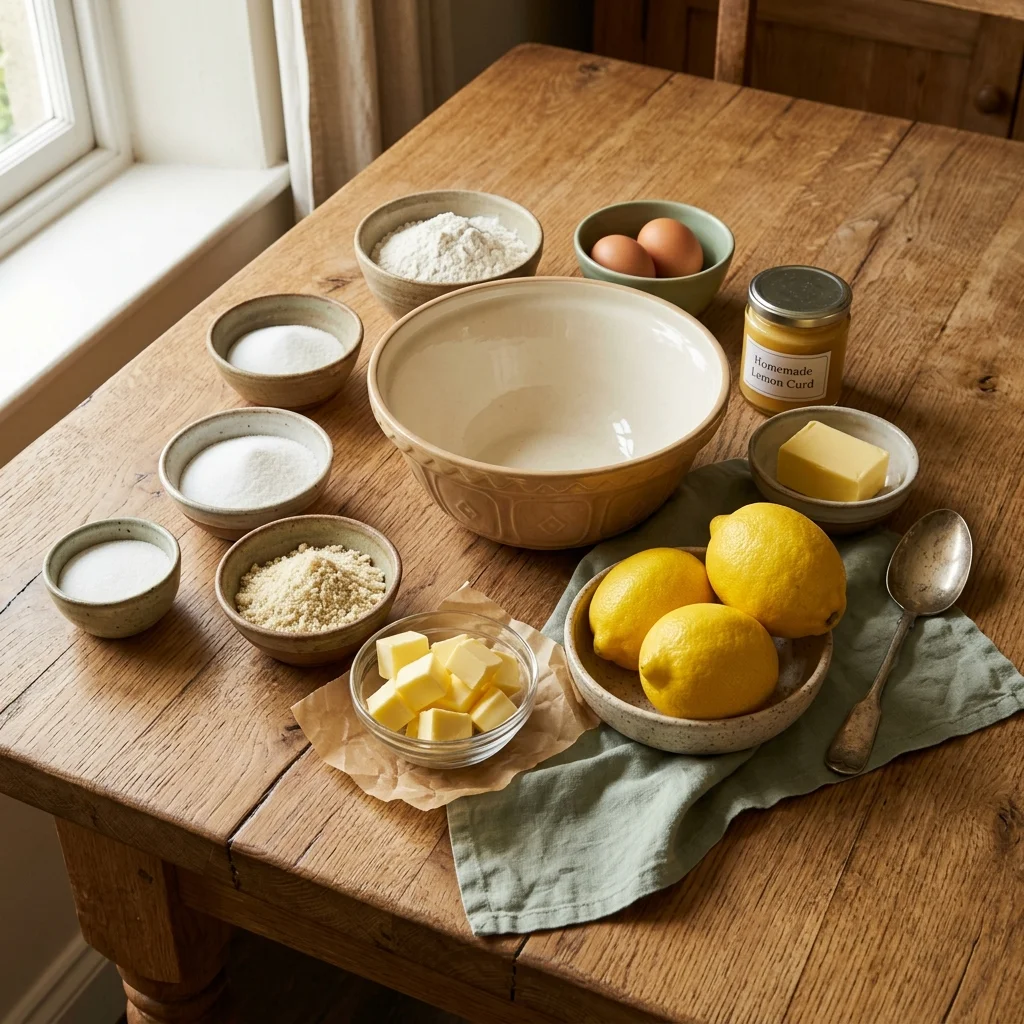Ingredients for Lancashire Lemon Tart arranged on a rustic oak table