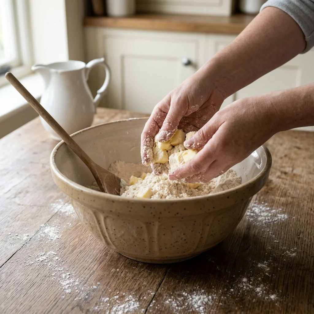 Rubbing butter into flour to make sweet shortcrust pastry