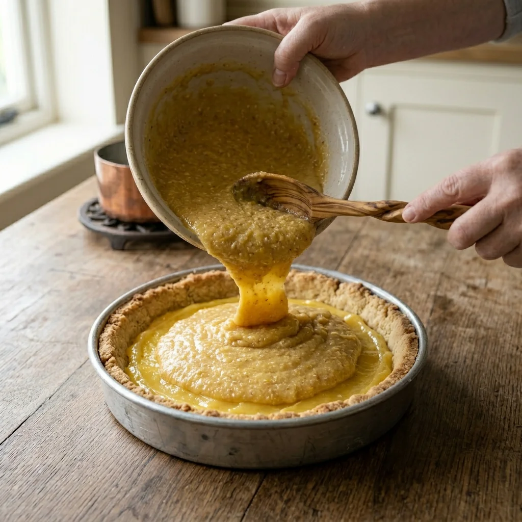 Pouring the lemon and almond filling over the lemon curd in the pastry case