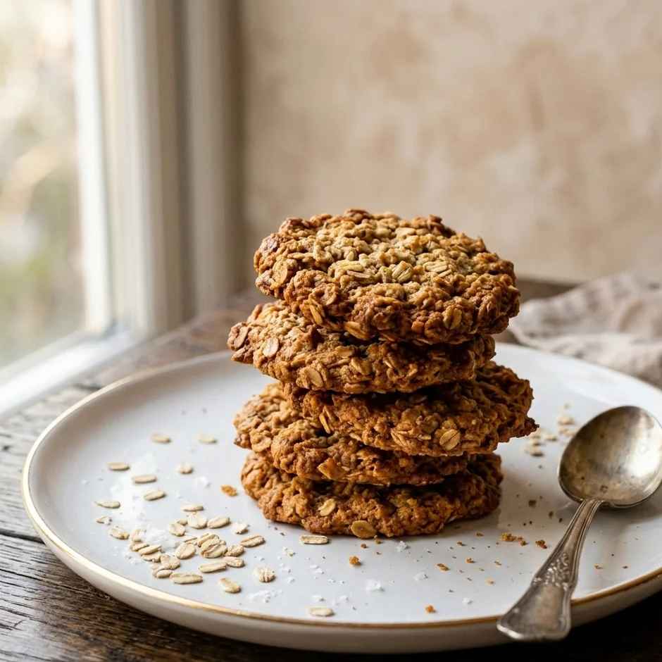 Golden baked oat biscuits stacked perfectly on a white ceramic plate