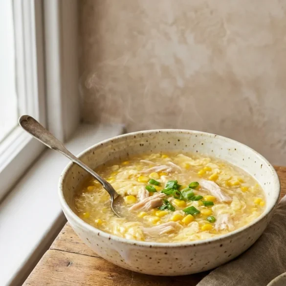 A hot bowl of golden chicken and sweetcorn soup with egg ribbons and scallion garnish