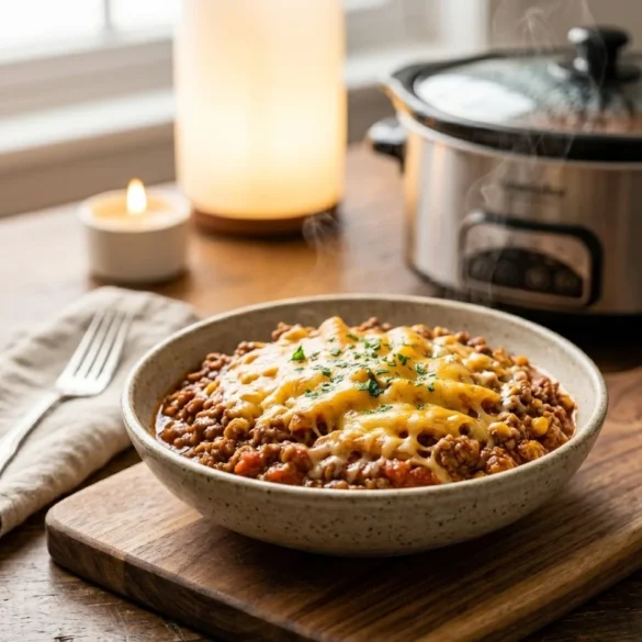 The ultimate hero shot of a bubbling, cheesy casserole inside a modern slow cooker for our guide to crockpot mince recipes.
