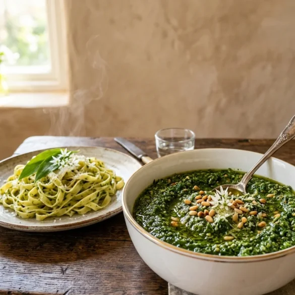 Wild garlic recipes featuring a bowl of vibrant green pesto with fresh ingredients