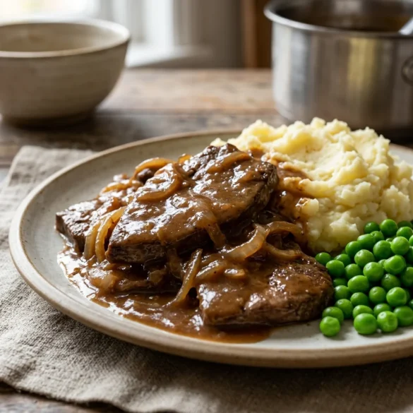 A hearty plate of traditional lamb's liver and onions with rich gravy, mashed potatoes, and peas.