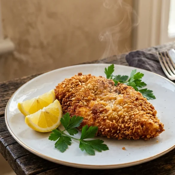Crispy golden chicken escalope served with lemon wedges and fresh parsley