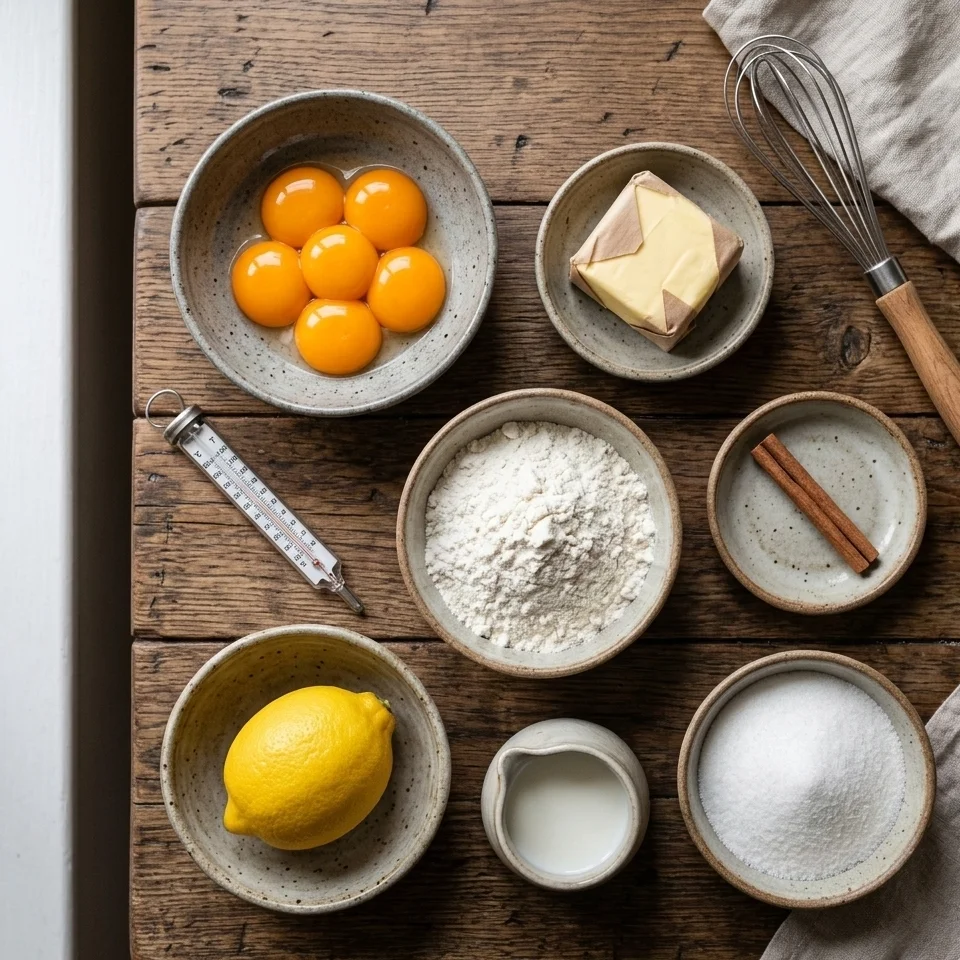 Raw ingredients for Pastel de Nata arranged in ceramic bowls on a wooden table.