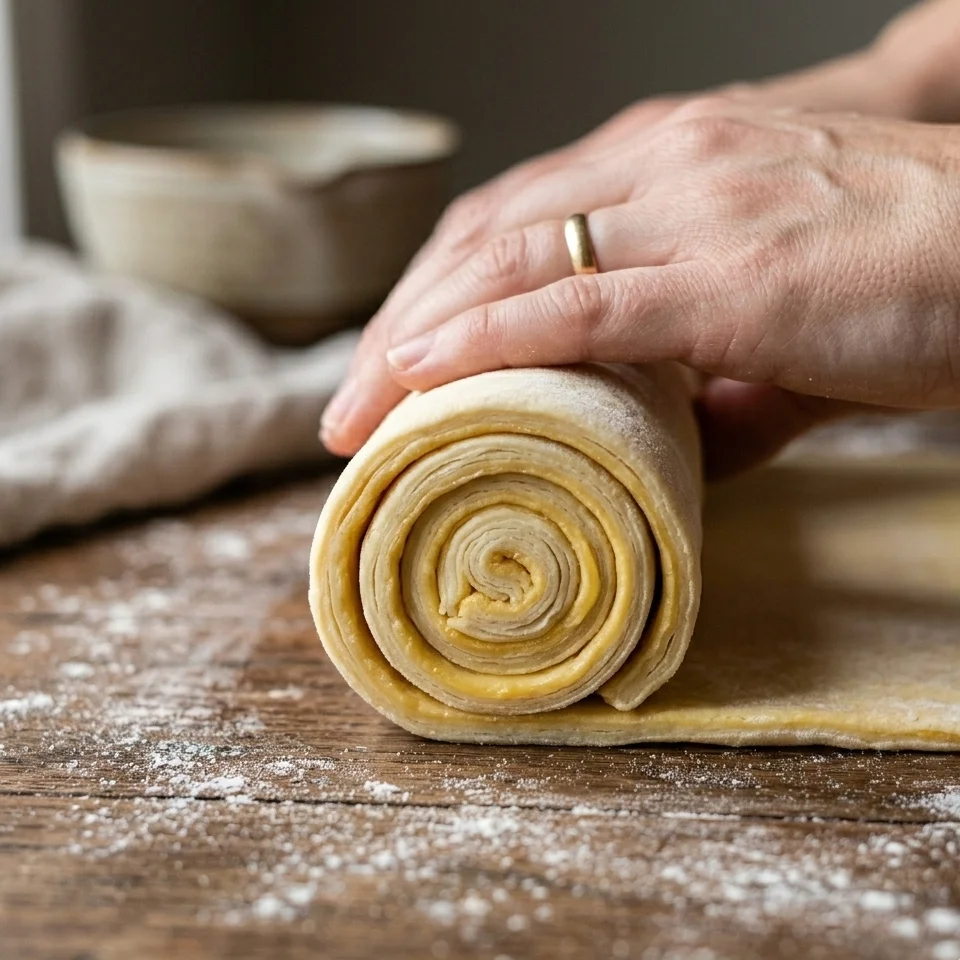 Hands rolling puff pastry dough into a tight spiral log on a floured surface.