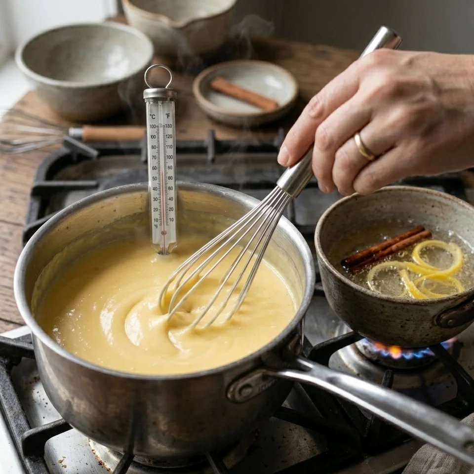 Whisking smooth pale yellow custard in a saucepan with a candy thermometer.