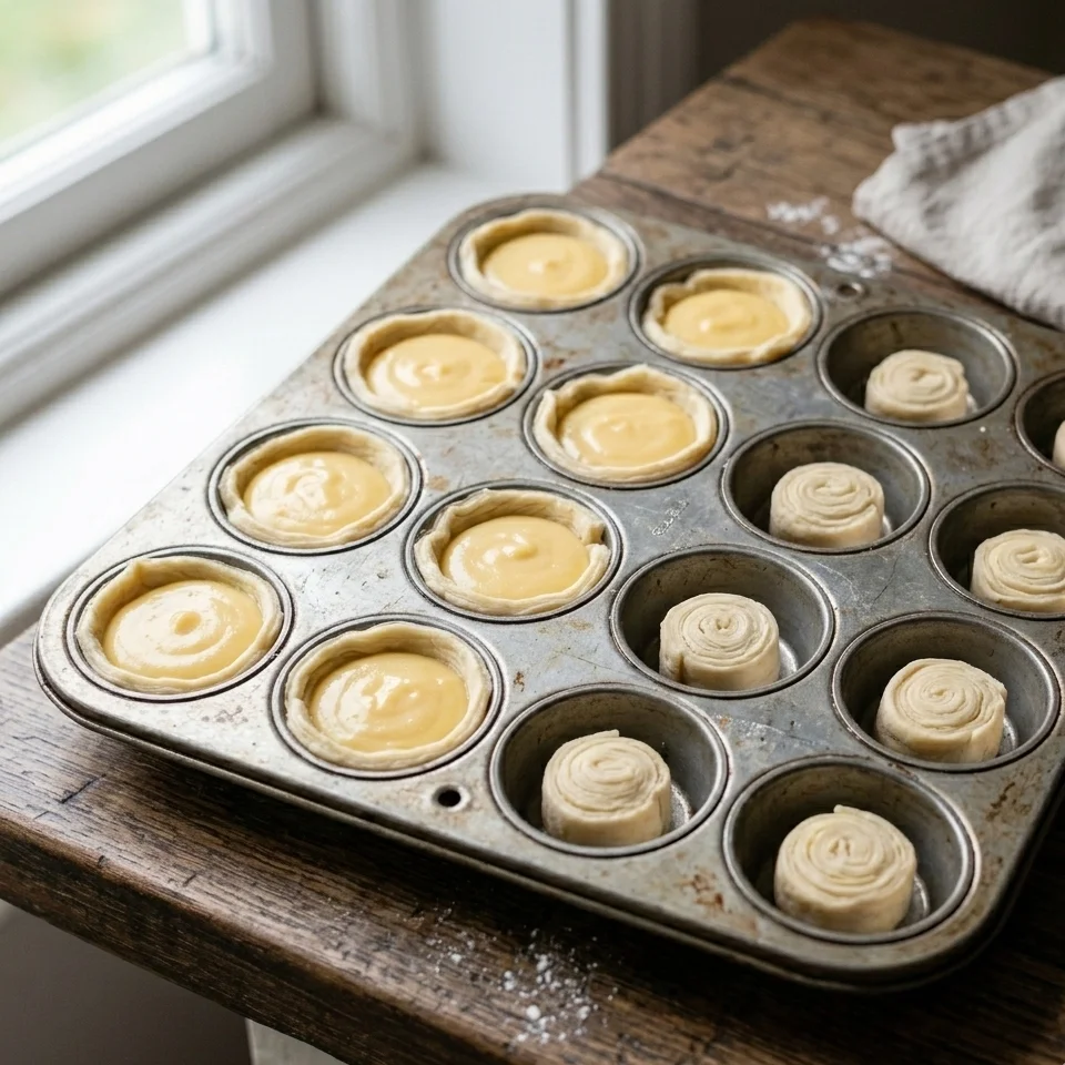 Puff pastry rounds pressed into muffin tin cups filled with pale custard.