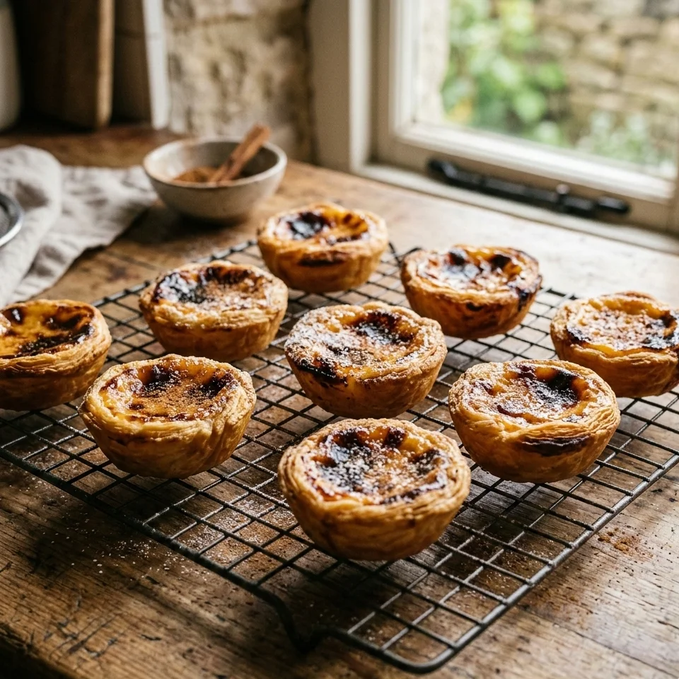 Freshly baked Pastel de Nata with golden pastry and blistered custard tops cooling on a wire rack.